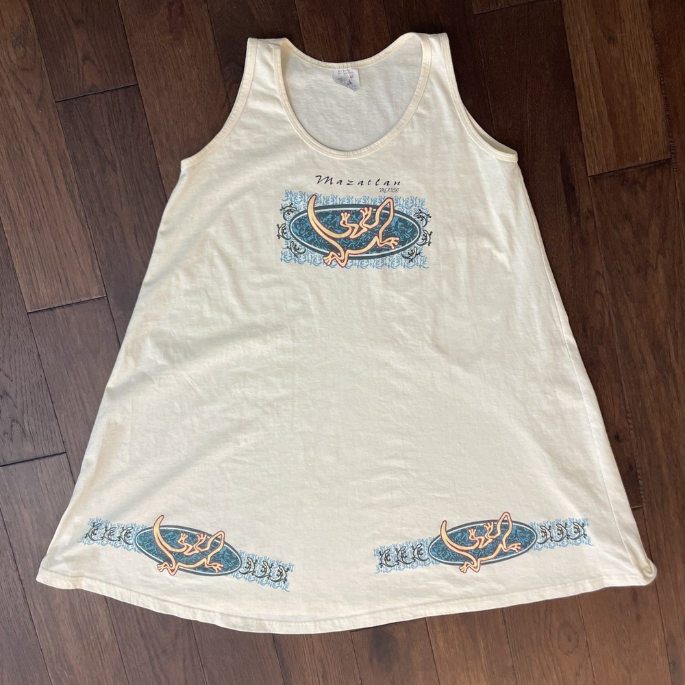 Vintage 80's Mazatlán Mexico Sleeveless Gecko Dress Size XL